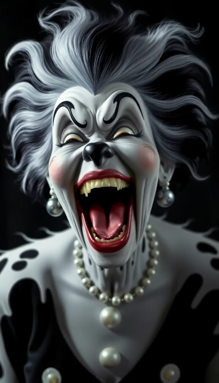 Woman with black and white hair laughing maniacally