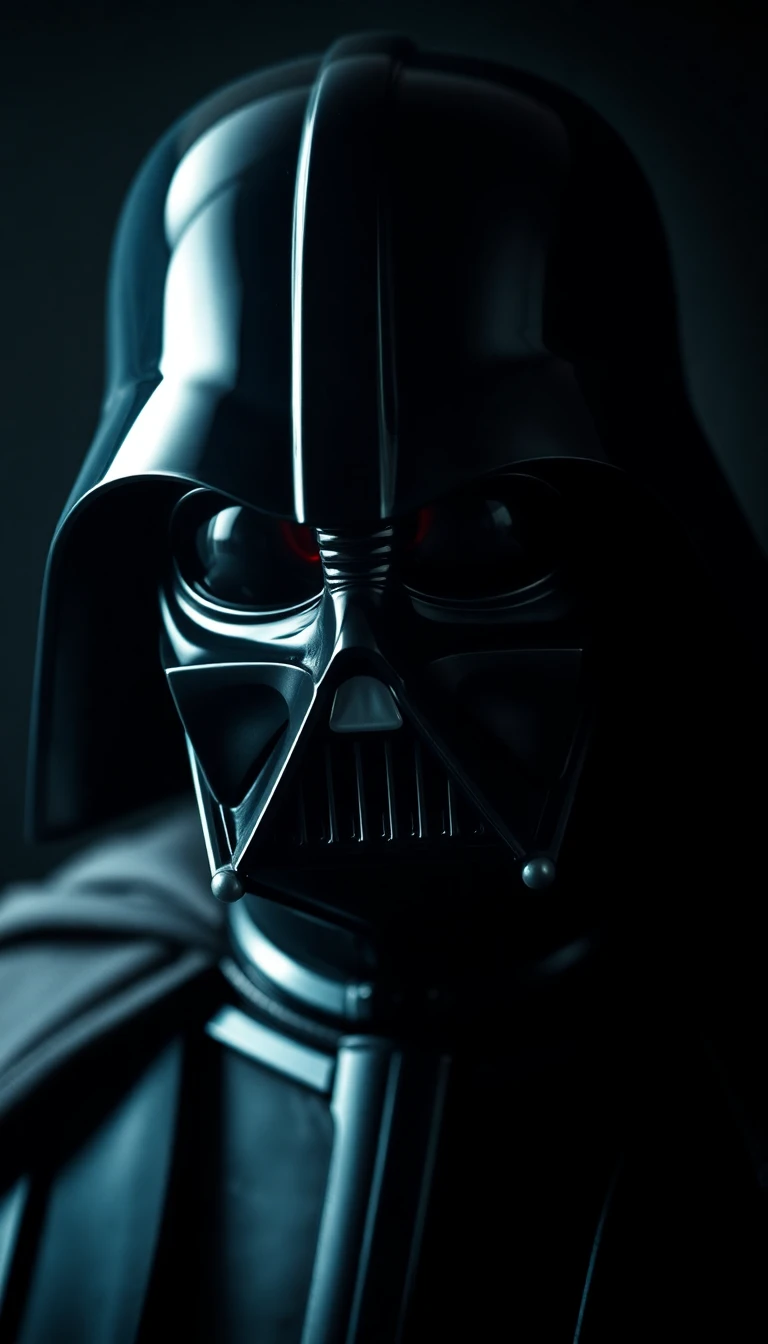 Ominous figure in black armor with glowing red eyes