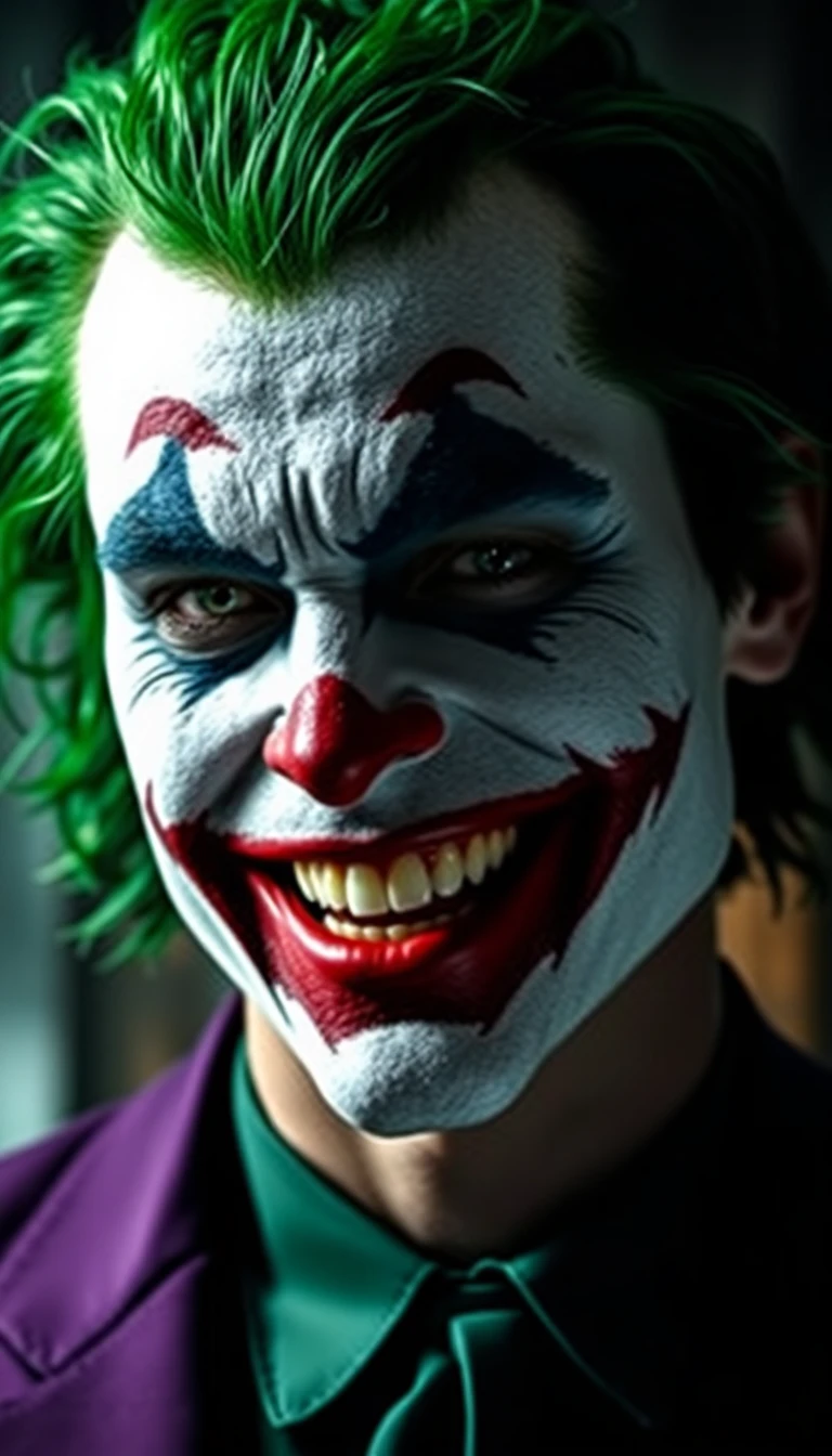 Man with green hair and sinister clown makeup