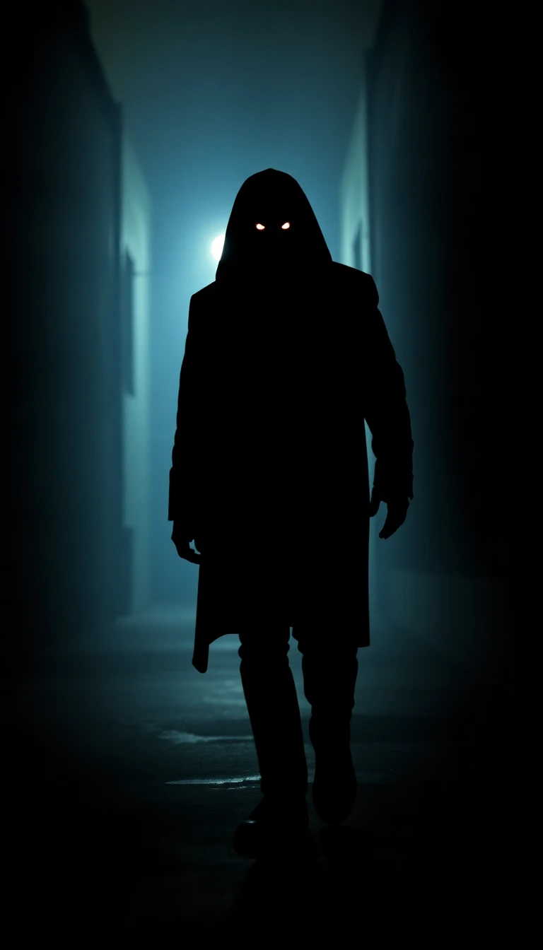 Shadowy figure with glowing eyes in a dark alley